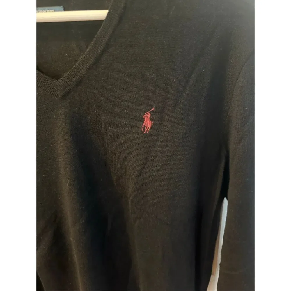 Polo by Ralph Lauren Black 100% Merino Wool V-Neck Sweater sz L EUC
